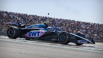 Oct 22, 2023; Austin, Texas, USA; BWT Alpine F1 driver Pierre Gasly (10) of Team France drives during the 2023 United States Grand Prix at Circuit of the Americas. Mandatory Credit: Jerome Miron-Imagn Images