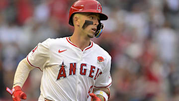 May 26, 2025; Anaheim, California, USA;  Los Angeles Angels shortstop Zach Neto (9) rounds the bases a solo home run in the first inning against the New York Yankees at Angel Stadium. Mandatory Credit: Jayne Kamin-Oncea-Imagn Images