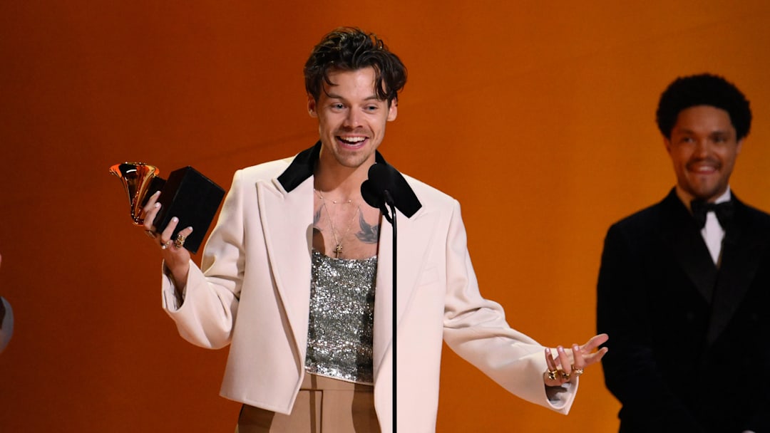 Harry Styles accepts the award for album of the year for "Harry's House" at the 2023 Grammy Awards. 