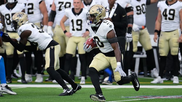 New Orleans Saints safety Ugo Amadi (0) returns a ball against the Los Angeles Chargers  