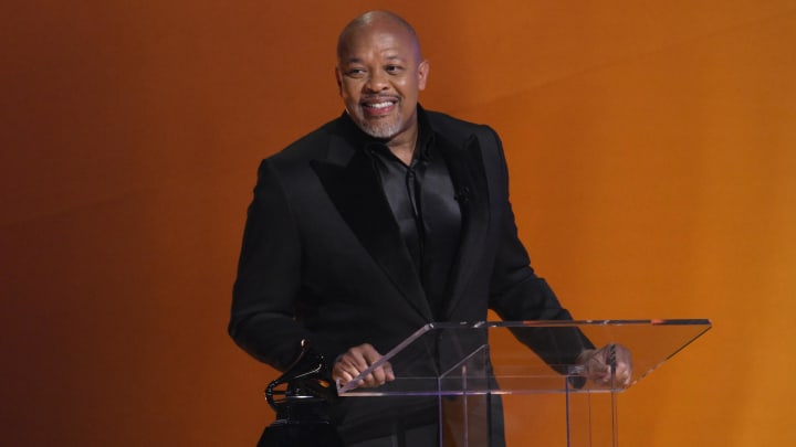 Feb 5, 2023; Los Angeles, CA, USA; Dr. Dre accepts the Dr. Dre Global Impact Award during the 65th Annual Grammy Awards at Crypto.com Arena in Los Angeles on Sunday, Feb. 5, 2023.