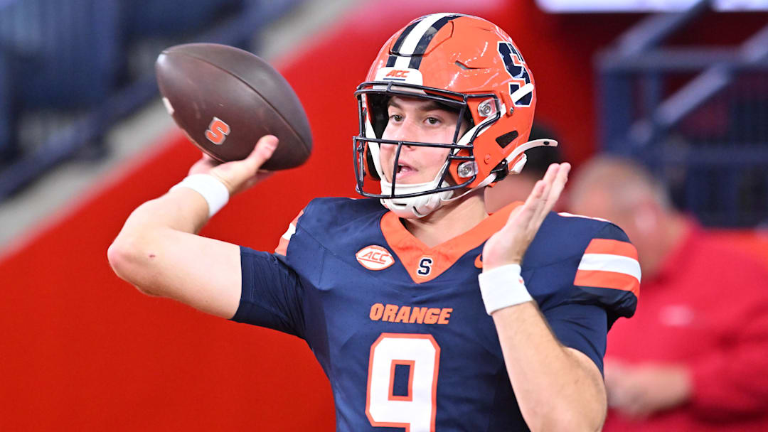 Sep 12, 2025; Syracuse, New York, USA; Syracuse Orange quarterback Steve Angeli (9) warms up before a game against the Colgate Raiders at JMA Wireless Dome. Mandatory Credit: Mark Konezny-Imagn Images Sep 12, 2025; Syracuse, New York, USA; Syracuse Orange quarterback Steve Angeli (9) warms up before a game against the Colgate Raiders at JMA Wireless Dome. Mandatory Credit: Mark Konezny-Imagn Images