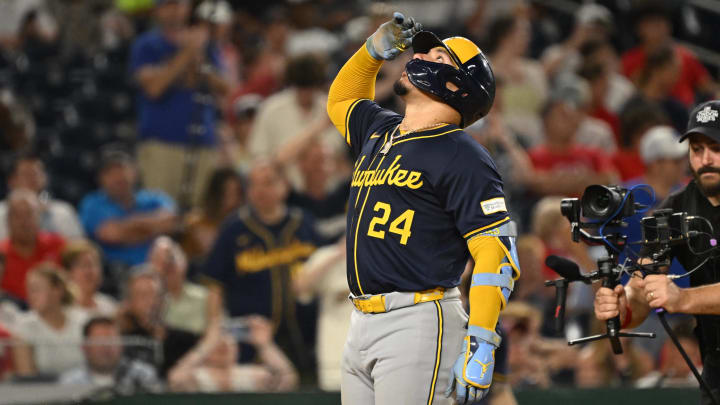 Aug 2, 2024; Washington, District of Columbia, USA; Milwaukee Brewers catcher William Contreras (24) looks to the sky after hitting a home run against the Washington Nationals during the seventh inning at Nationals Park. Mandatory Credit: Rafael Suanes-USA TODAY Sports