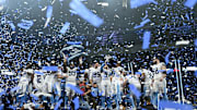 Nov 17, 2024; Vancouver, British Columbia, CAN;   The Toronto Argonauts celebate winning the Grey Cup after the game against Winnipeg Blue Bombers at BC Place. Mandatory Credit: Anne-Marie Sorvin-Imagn Images
