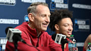 Mar 20, 2025; Cleveland, OH, USA; Alabama Crimson Tide head coach Nate Oates, left, and guard Mark Sears talk to the media before practice at Rocket Arena. Mandatory Credit: Ken Blaze-Imagn Images
