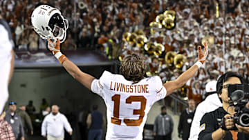 Nov 30, 2024; College Station, Texas, USA; Texas Longhorns wide receiver Parker Livingstone (13) reacts after the game against the Texas A&M Aggies. The Longhorns defeated the Aggies 17-7 at Kyle Field. Mandatory Credit: Maria Lysaker-Imagn Images  