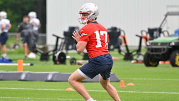 Jun 9, 2025; Foxborough, MA, USA; New England Patriots quarterback Ben Wooldridge (17) throws a pass during minicamp at Gillette Stadium.