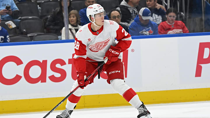 Oct 13, 2025; Toronto, Ontario, CAN; Detroit Red Wings right wing Michael Brandsegg Nygard (28) in action against theToronto Maple Leafs at Scotiabank Arena. Mandatory Credit: Gerry Angus-Imagn Images