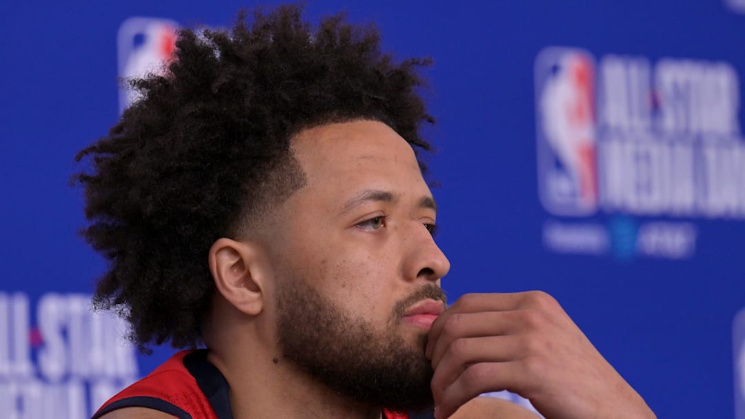 Team USA Stars guard Cade Cunningham (2) of the Detroit Pistons during a news conference for the NBA All Star game at Intuit Dome on Feb 13, 2026.