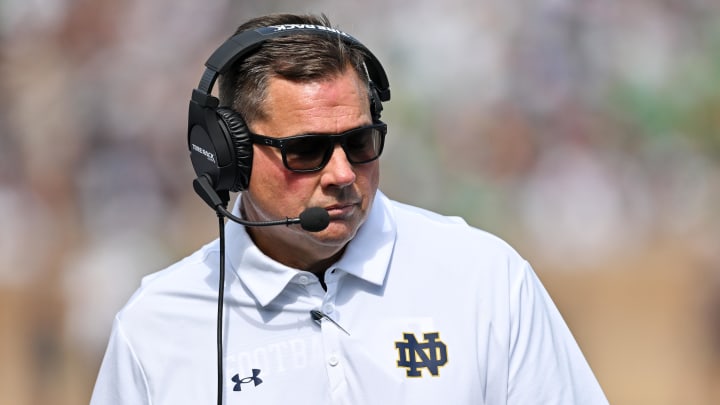 Sep 10, 2022; South Bend, Indiana, USA; Notre Dame Fighting Irish defensive coordinator Al Golden watches in the first quarter against the Marshall Thundering Herd at Notre Dame Stadium. Mandatory Credit: Matt Cashore-USA TODAY Sports