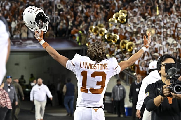 Texas Longhorns wide receiver Parker Livingstone (13) reacts after the game against the Texas A&M, Nov. 30, 2024, in College 