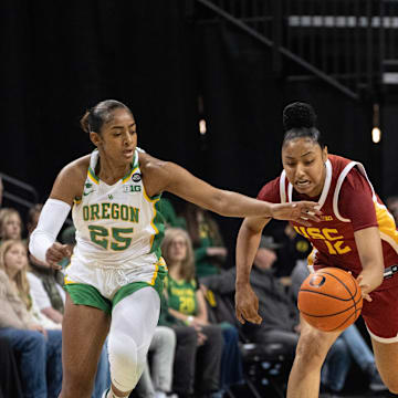 JuJu Watkins steals the ball during a Dec. 2024 game against Oregon.