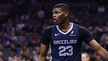 Nov 30, 2025; Sacramento, California, USA; Memphis Grizzlies guard Cedric Coward (23) after a play agains the Sacramento Kings during the second quarter at Golden 1 Center. Mandatory Credit: Kelley L Cox-Imagn Images