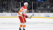 Sep 25, 2023; Seattle, Washington, USA; Calgary Flames defenseman Colton Poolman (46) during the game at Climate Pledge Arena. Mandatory Credit: Steven Bisig-Imagn Images