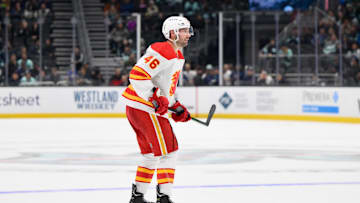 Sep 25, 2023; Seattle, Washington, USA; Calgary Flames defenseman Colton Poolman (46) during the game at Climate Pledge Arena. Mandatory Credit: Steven Bisig-Imagn Images