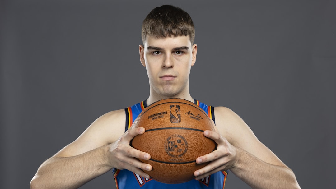Sep 29, 2025; Oklahoma City, OK, USA; Oklahoma City Thunder guard Nikola Topic (44) poses for a photo during the 2025 Oklahoma City Thunder media day at Paycom Center. Mandatory Credit: Alonzo Adams-Imagn Images
