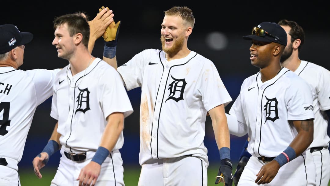 Aug 18, 2024; Williamsport, Pennsylvania, USA; Detroit Tigers outfielder Parker Meadows (22) celebrates with teammates after hitting a walk-off single against the New York Yankees at BB&T Ballpark at Historic Bowman Field