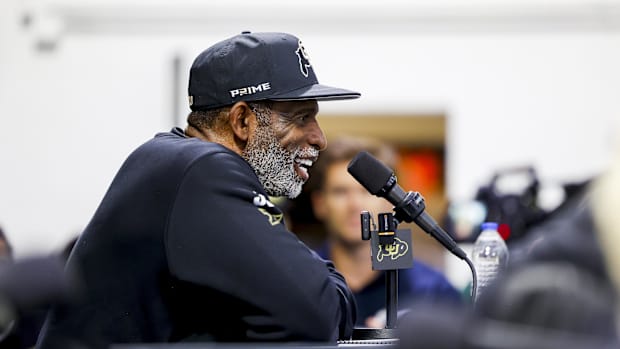Colorado Buffaloes head coach Deion Sanders speaks to the media at the University of Colorado NFL Showcase at the CU Indoor P
