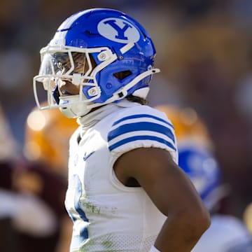 Nov 23, 2024; Tempe, Arizona, USA; Brigham Young Cougars cornerback Jakob Robinson (0) against the Arizona State Sun Devils at Mountain America Stadium. Mandatory Credit: Mark J. Rebilas-Imagn Images
