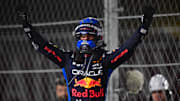 Nov 23, 2024; Las Vegas, Nevada, USA;  Oracle Red Bull Racing driver Max Verstappen (1)  celebrates his championship victory following the Las Vegas Grand Prix at Las Vegas Circuit. Mandatory Credit: Gary A. Vasquez-Imagn Images
