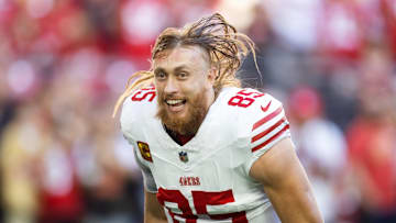 San Francisco 49ers tight end George Kittle reacts prior to the game against the Arizona Cardinals.