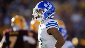 Nov 23, 2024; Tempe, Arizona, USA; Brigham Young Cougars cornerback Jakob Robinson (0) against the Arizona State Sun Devils at Mountain America Stadium.