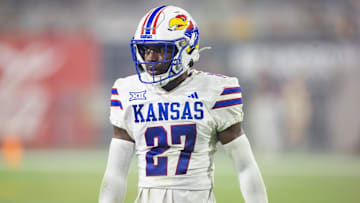Oct 5, 2024; Tempe, Arizona, USA; Kansas Jayhawks safety Taylor Davis (27) against the Arizona State Sun Devils at Mountain America Stadium. Mandatory Credit: Mark J. Rebilas-Imagn Images