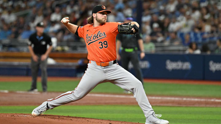 Aug 10, 2024; St. Petersburg, Florida, USA; Baltimore Orioles starting pitcher Corbin Burnes (39) throws a pitch in the first inning against the Tampa Bay Rays at Tropicana Field.