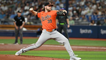 Aug 10, 2024; St. Petersburg, Florida, USA; Baltimore Orioles starting pitcher Corbin Burnes (39) throws a pitch in the first inning against the Tampa Bay Rays at Tropicana Field. Mandatory Credit: Jonathan Dyer-USA TODAY Sports