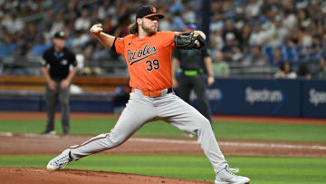 Aug 10, 2024; St. Petersburg, Florida, USA; Baltimore Orioles starting pitcher Corbin Burnes (39) throws a pitch in the first inning against the Tampa Bay Rays at Tropicana Field