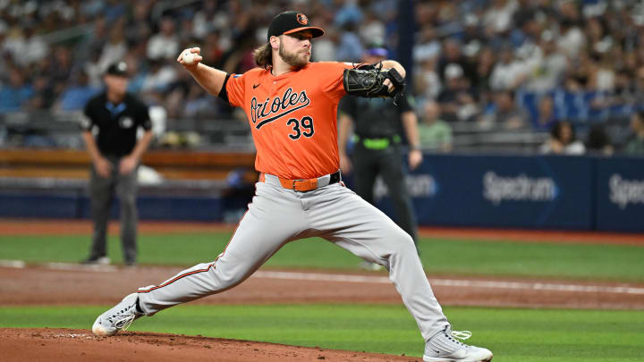 Aug 10, 2024; St. Petersburg, Florida, USA; Baltimore Orioles starting pitcher Corbin Burnes (39) throws a pitch in the first inning against the Tampa Bay Rays at Tropicana Field