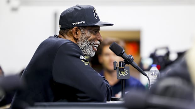Colorado Buffaloes head coach Deion Sanders speaks to the media at the University of Colorado NFL Showcase at the CU Indoor P