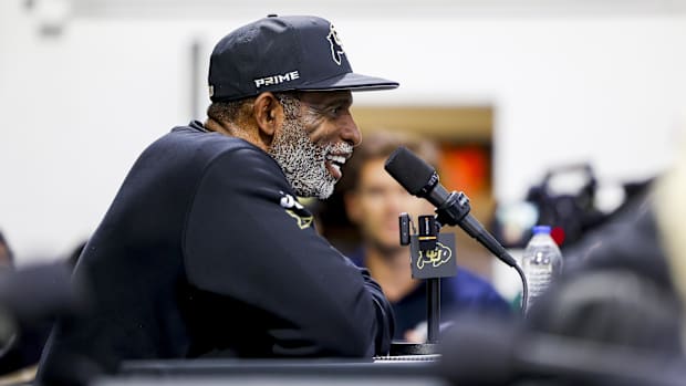 Apr 4, 2025; Boulder, CO, USA; Colorado Buffaloes head coach Deion Sanders speaks to the media at the University of Colorado 