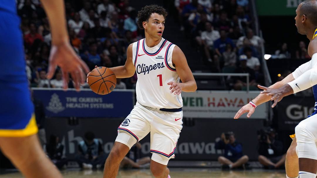 Oct 4, 2026; Honolulu, Hawaii, USA; (Editors Notes: Caption Correction)  Los Angeles Clippers guard Keaton Wagler (1) dribbles during the first half against the Golden State Warriors at Bankoh Arena at the Stan Sheriff Center.  Mandatory Credit: Michelle Bir-Imagn Images