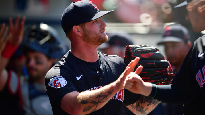 May 26, 2024; Anaheim, California, USA; Cleveland Guardians pitcher Ben Lively (39) is greeted after the seventh inning against the Los Angeles Angels at Angel Stadium. Mandatory Credit: Gary A. Vasquez-USA TODAY Sports