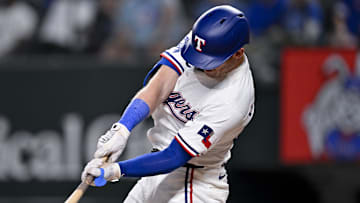 Jul 2, 2025; Arlington, Texas, USA; Texas Rangers left fielder Billy McKinney (23) bats during the game between the Texas Rangers and the Baltimore Orioles at Globe Life Field