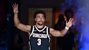 Oct 4, 2025; Spokane, WA, USA; Gonzaga Bulldogs guard Braeden Smith (3) is introduced during Numerica Kraziness in the Kennel at the McCarthey Athletic Center. 