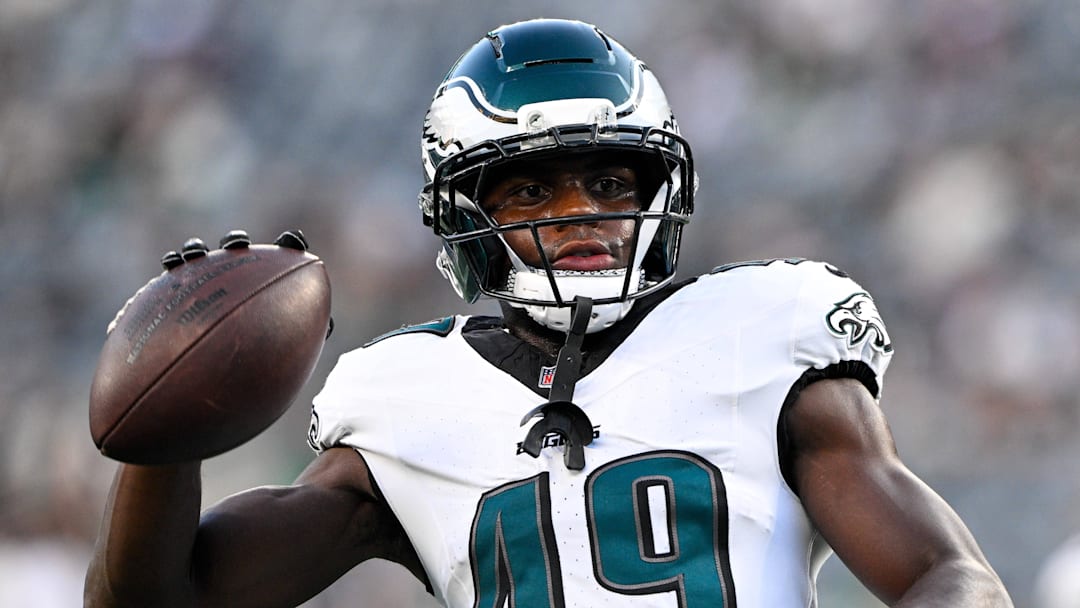 Aug 22, 2025; East Rutherford, New Jersey, USA; Philadelphia Eagles cornerback Jakorian Bennett (49) warms up before the game against the New York Jets at MetLife Stadium. Mandatory Credit: Mark Smith-Imagn Images