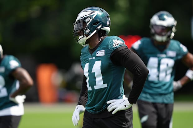 Philadelphia Eagles WR A.J. Brown looks on during a practice drill at NovaCare Complex.
