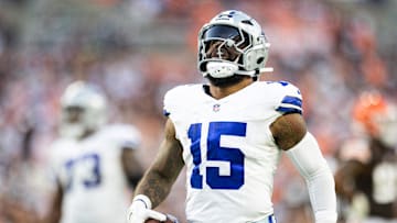 Sep 8, 2024; Cleveland, Ohio, USA; Dallas Cowboys running back Ezekiel Elliott (15) celebrates his first down run against the Cleveland Browns during the fourth quarter at Huntington Bank Field. Mandatory Credit: Scott Galvin-Imagn Images