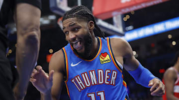 Oct 30, 2025; Oklahoma City, Oklahoma, USA; Oklahoma City Thunder guard Isaiah Joe (11) reacts after a play against the Washington Wizards during the second half at Paycom Center. Mandatory Credit: Alonzo Adams-Imagn Images