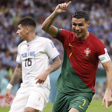 Nov 28, 2022; Lusail, Qatar; Portugal forward Cristiano Ronaldo celebrates his goal scored against Uruguay during the 2022 World Cup at Lusail Stadium / Yukihito Taguchi-Imagn Images