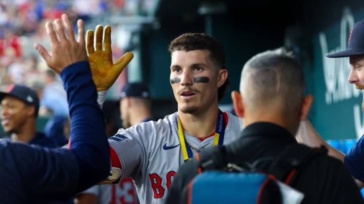 Boston Red Sox center fielder Jarren Duran (16) celebrates with teammates after hitting a home run during the fifth inning against the Texas Rangers at Globe Life Field on Aug 4.