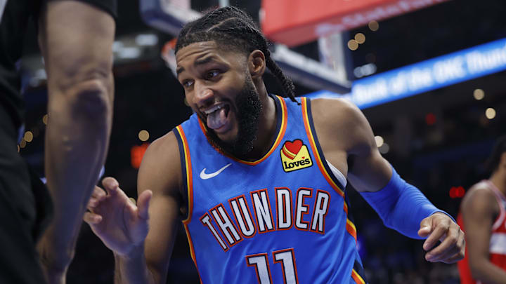 Oct 30, 2025; Oklahoma City, Oklahoma, USA; Oklahoma City Thunder guard Isaiah Joe (11) reacts after a play against the Washington Wizards during the second half at Paycom Center. Mandatory Credit: Alonzo Adams-Imagn Images