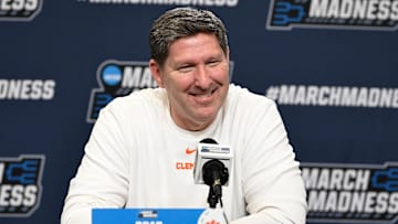 Mar 19, 2025; Providence, RI, USA;    Clemson Tigers head coach Brad Brownell speaks to the media during a press conference at Amica Mutual Pavilion. Mandatory Credit: Eric Canha-Imagn Images
