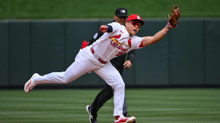 Apr 1, 2026; St. Louis, Missouri, USA; St. Louis Cardinals second baseman JJ Wetherholt (26) leaps and catches a line drive hit by New York Mets second baseman Jorge Polanco (not pictured) during the second inning at Busch Stadium. Mandatory Credit: Jeff Curry-Imagn Images