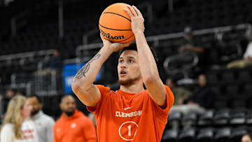 Mar 19, 2025; Providence, RI, USA; Clemson Tigers guard Chase Hunter (1) practices at Amica Mutual Pavilion. Mandatory Credit: Eric Canha-Imagn Images