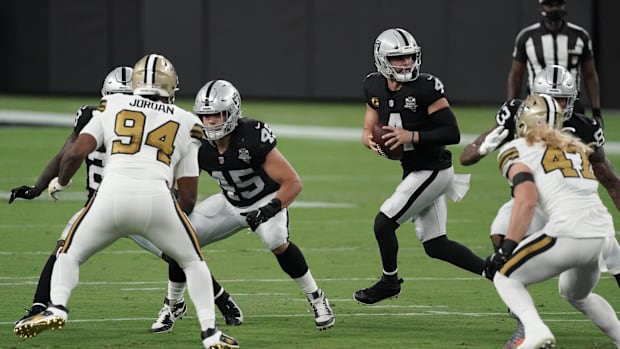 Sep 21, 2020; Las Vegas Raiders quarterback Derek Carr (4) drops back to pass against the New Orleans Saints 