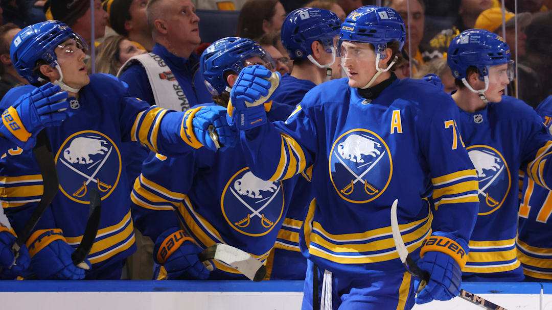 Jan 28, 2025; Buffalo, New York, USA;  Buffalo Sabres center Tage Thompson (72) celebrates his goal with teammates during the first period against the Boston Bruins at KeyBank Center. Mandatory Credit: Timothy T. Ludwig-Imagn Images
