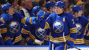 Jan 28, 2025; Buffalo, New York, USA;  Buffalo Sabres center Tage Thompson (72) celebrates his goal with teammates during the first period against the Boston Bruins at KeyBank Center. Mandatory Credit: Timothy T. Ludwig-Imagn Images